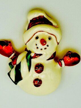 Signed Christopher Radko Gold Tone Enamel Snowman Christmas Holiday Brooch Pin,